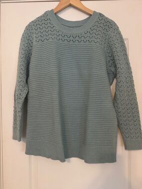croft & barrow Sage Green Crewneck Sweater with Crochet Yoke and Sleeves